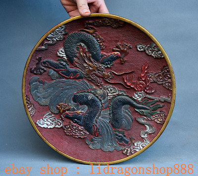 11,6 "Qianlong Marqué Chine Dynastie Rouge Laque Peint Dragon assiette Plateau