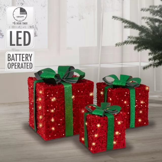 Set de 3 cajas de regalo LED decoración árbol de navidad con lazos rojo verde