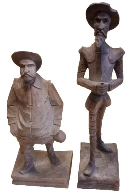 Pair Carved Wood Figures Don Quixote & Sancho Panza Statues Book Bases - Rare