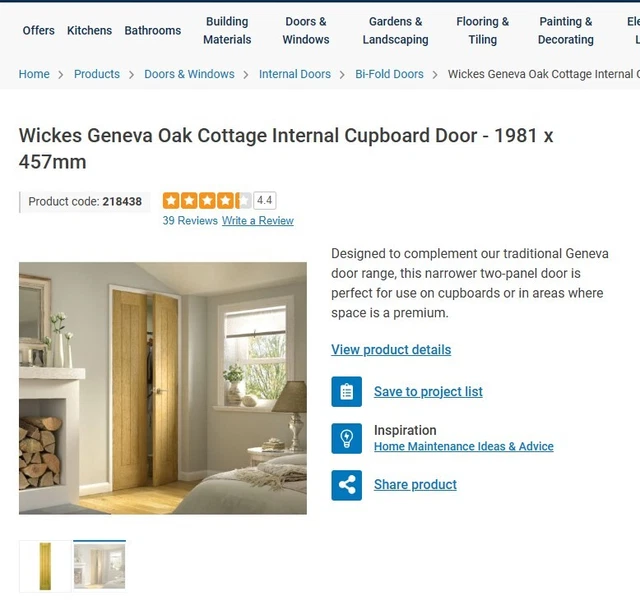 WICKES GENEVA OAK Cottage Internal Cupboard Door 1981 x 457mm £25.00