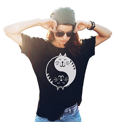 Senhoras Gatos Divertido orgânico T-shirt Yin Yang Gato Amante Lady Presente Aniversário Feminino