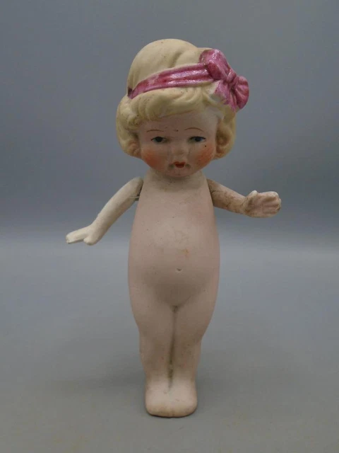 Antique Japan All Bisque Cutie Doll Molded Hair Pink Bow Ribbon 6" Stiff Leg