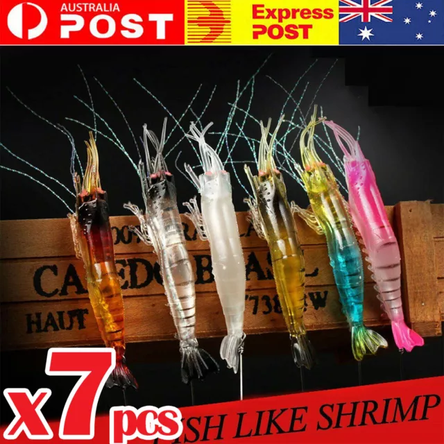 7Pcs Soft Plastic Fishing Lures Tackle Prawn Shrimp Flathead Bream Cod Bass Glow