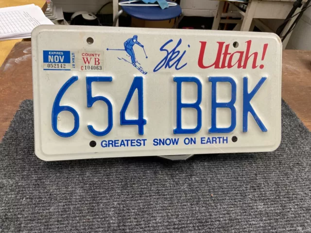 License Plate Tag Vintage Ski Utah “Greatest Snow On Earth” 1987 654 BBK Rustic