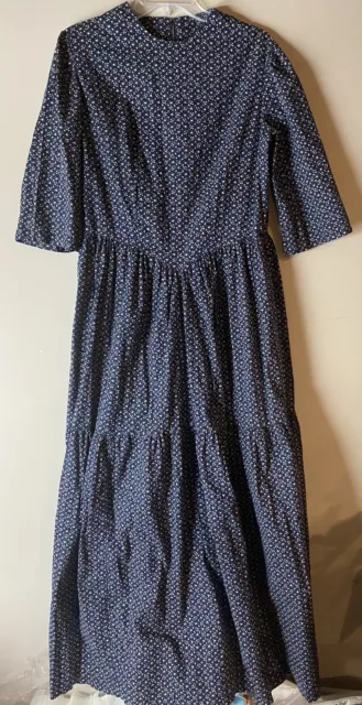 Ladies XS Small Vintage Prairie Cottage Core Dress Navy Blue Floral Modest Maxi