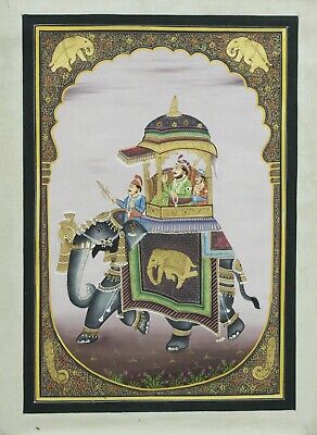Rajasthan Peinture Miniature 16x22 Inches Mewar Maharaja Sur Éléphant Art