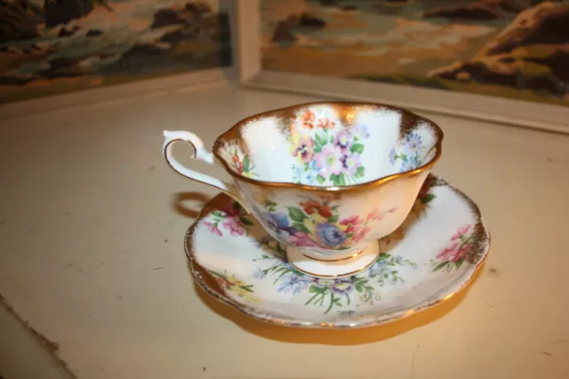 vintage Royal Albert Teacup saucer  Rose Bouquet flower Gold Trim scalloped nice 2