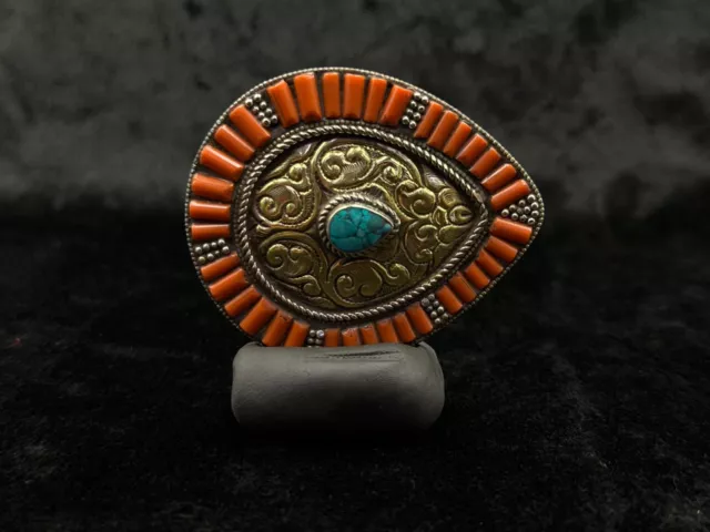 Unique Vintage Nepali Silver Plated Belt Buckle With Turquoise And Coral Stone