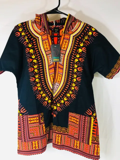 African Dashiki Short Sleeve Hooded Traditional Orange Black Youth Size 12/14