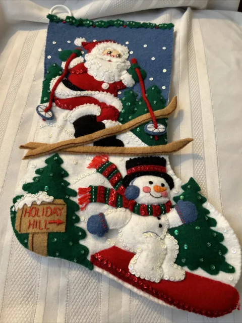 Bucilla Christmas Holiday Hill Santa Snowman Skiing Felt Stocking  #84066 Done