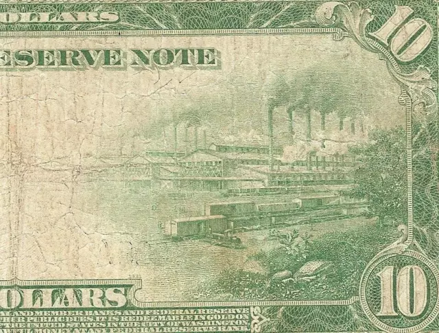 Large 1914 $10 Dollar Bill Federal Reserve Bank Note Currency Old Paper Money