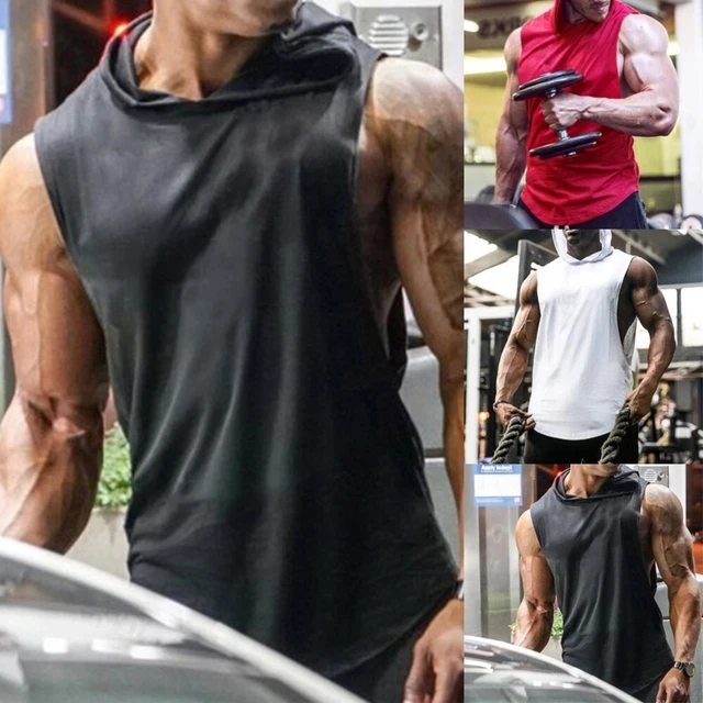 Da Uomo senza Maniche Canotta Gilet con Cappuccio Allenamento Bodybuilding Gym T