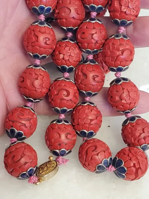 Vintage Chinese Early 15MM Cinnabar Carved Bead Necklace 33"