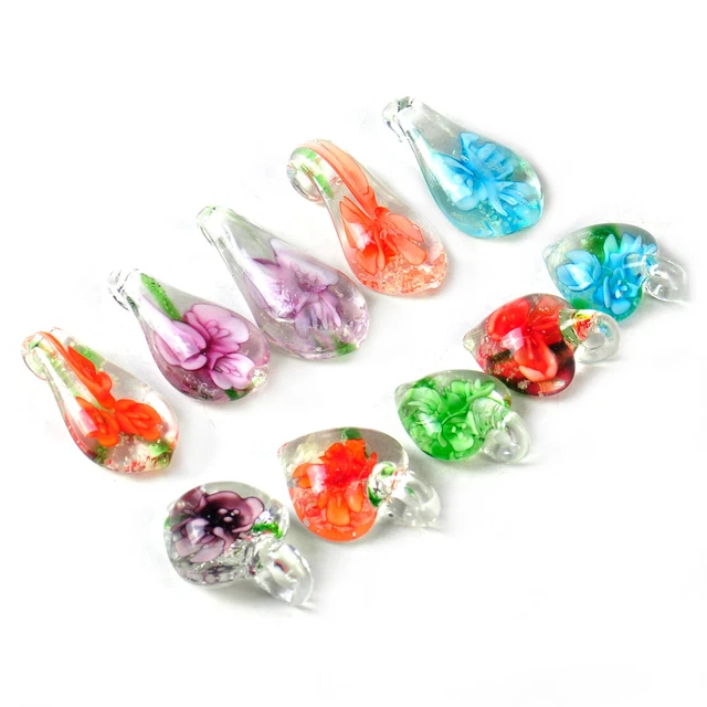 10X Heart Murano Drop Flower Lampwork Glass Bead Pendant Necklace Art Women Nm