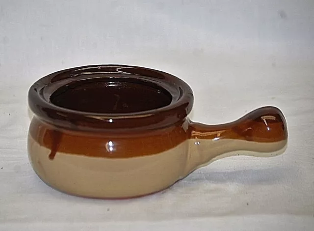 Old Vintage Stoneware Pottery Individual Soup Bean Pot Handled Triple Tone Brown