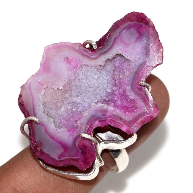 925 Silver Plated-Agate Geode Slice Ethnic Gemstone Ring Jewelry US Size-9 JW