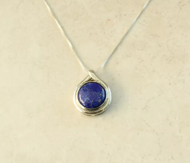 Lapis Lazuli Necklace Sterling Silver Slide Pendant Natural Stone Round 18"