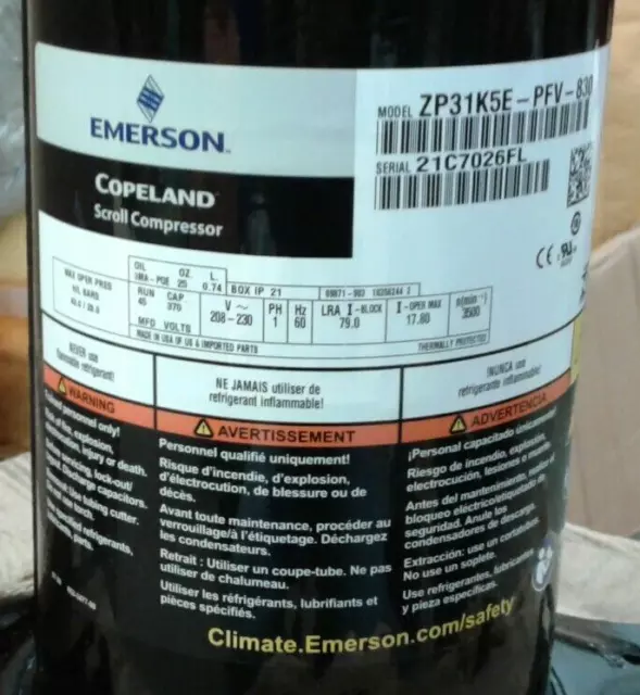 Emerson ZP31K5E-PFV-830 Copeland Scroll Compressor 208-230V 1PH 60Hz R410A POE
