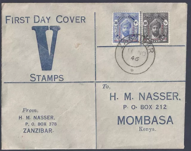 Zanzibar 1946 Victory Set Complete On Fdc To Mombasa Kenya