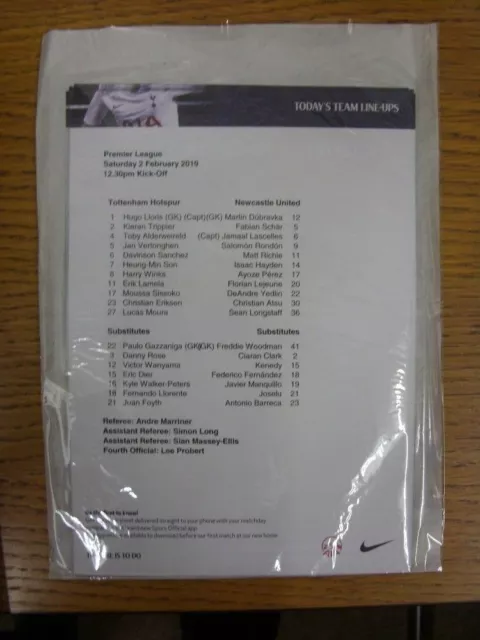 02/02/2019 Colour Teamsheet: Tottenham Hotspur v Newcastle United (6"x 8", A5 Mi