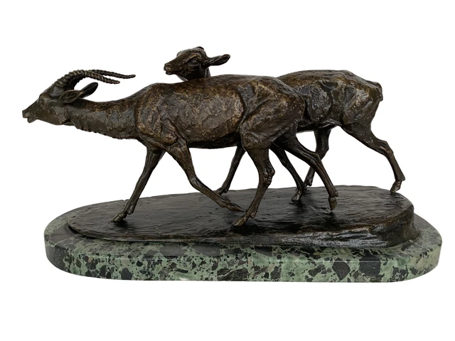 Paire D Antilopes Couple Bronze Par Irenee Rochard 1930 Art Deco Sur Marbre E723