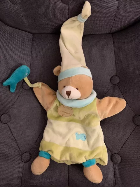 Doudou Et Compagnie Ours Marionnette Vert Poisson Bleu Bonnet Tbe