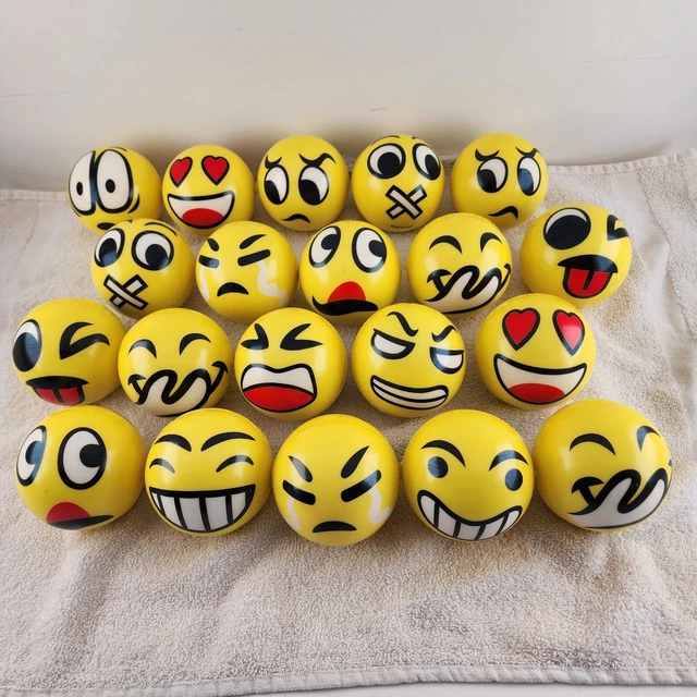 20 Pack of Emoji Smiley Face Stress Balls 3 Inch Yellow Double Sided Assorted