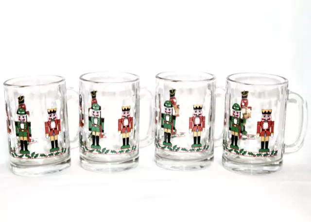 NUTCRACKER Soldier Clear Glass Coffee Tea Mugs Set of 4 Christmas Holly Stars