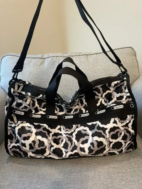 LeSportsac Large Boston Duffle Bag Weekend Crossbody Black White Grey Luggage