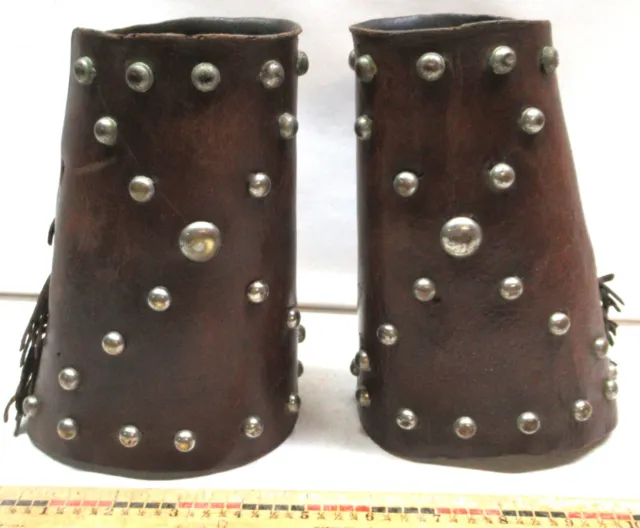 Antique Pair Western Cowboy Leather Cuffs W/ Brass Studs