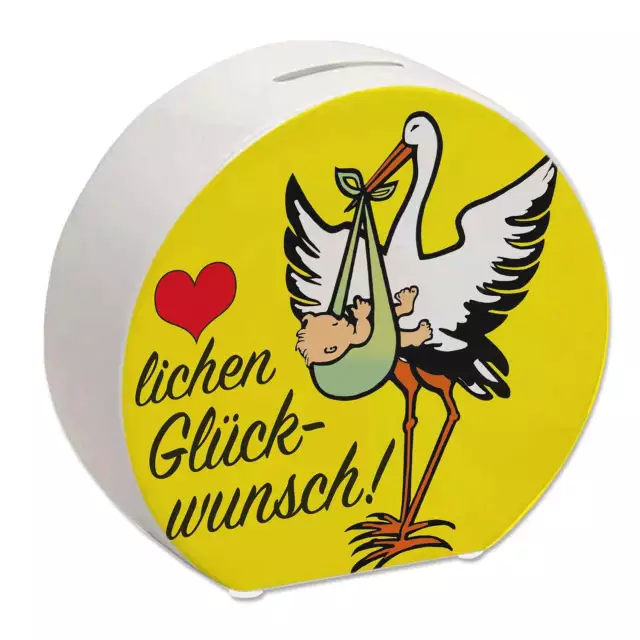 SPARDOSE Storch und Kind Spruch Herzlichen Glückwunsch Baby Geschenk Sparbüchs