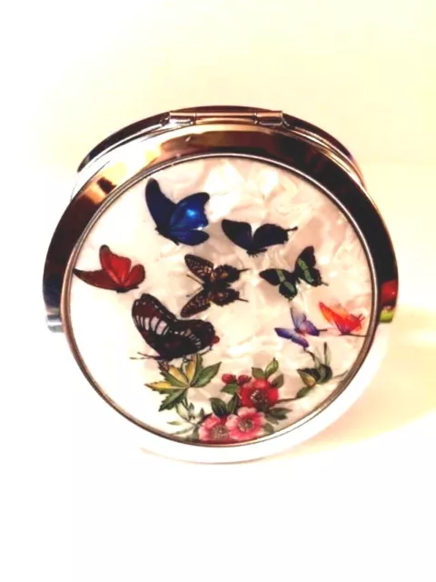 Miroir De Sac Double Face 1 Grossisante 1 Normal Argente Decor Papillon