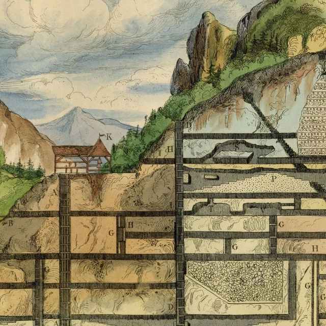 Géologie Vue d'une Mine Projection - Gravure aquarelle originale XIXe