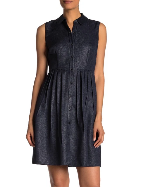 Elie Tahari Samiyah Shimmer Button Front Dress Navy/Silver 10 NWT $328