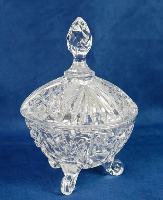 Vintage Lead Cut Crystal Footed Candy Dish Finial Lid Etched Star Floral Design