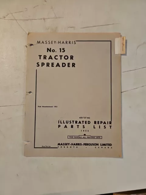 Vintage 1955 Massey-Harris 15 Tractor Spreader Repair Parts List