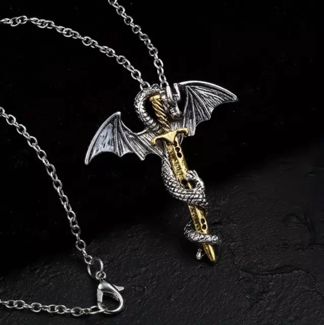 Drache Schwert Anhänger mit Halskette Edelstahl Kette Viking Goth Silber Gold