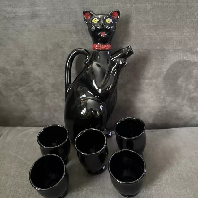 Vintage Redware Black Crowned Cat Liquor Decanter Sake Set - Six Miniature Cups