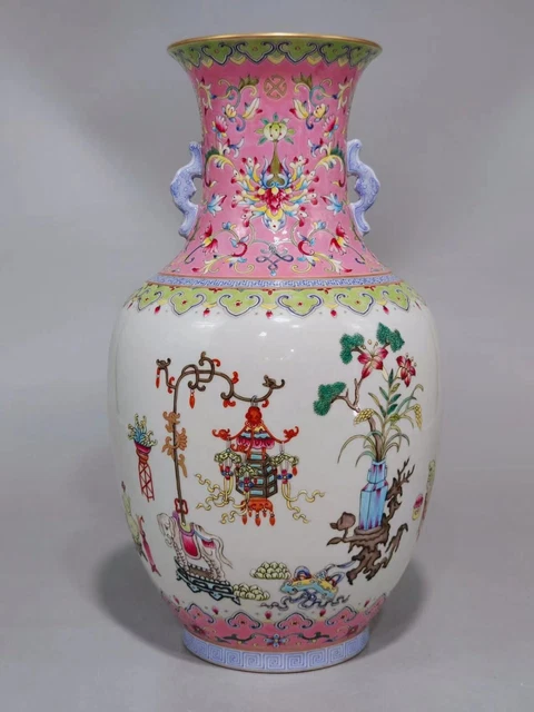 Estate China Qing Freehand Sketching Famille Rose Porcelain Flowers Vase 3