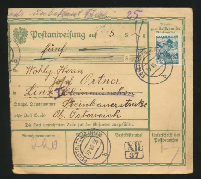 24 Gr. Postanweisung 1936 aus Feistritz an der Drau nach Linz  + Trachten