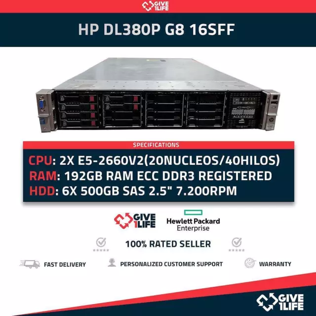 Serveur rack HP DL380P G8 16SFF 2xE5-2650v2 +192 Go de RAM +P420 +2PSU...