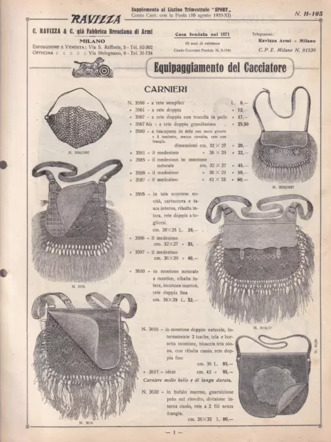 Ravizza - Equipaggiamento del Cacciatore -  Catalogo 1933 caccia carnieri