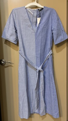 NWT Zara Blue Cotton Stripe Dress V-neck size S Small