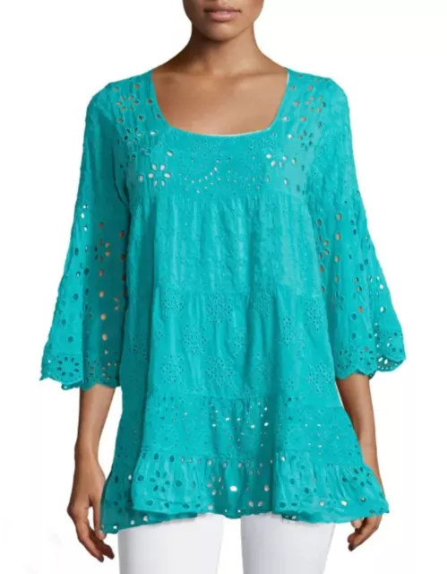 Johnny Was Collection Bell-Sleeve Eyelet Tiered Tunic in Teal/Turquoise Sz L