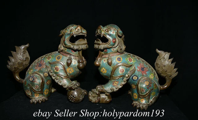 12" Old Chinese Bronze Enamel Cloisonne Fengshui Foo Fu Dog Guardion Lion Pair
