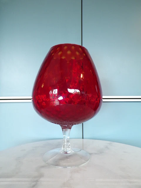 Vase Coupe Sur Pied En Verre Soufflé Rouge - 25 Cm De Haut - Style Empoli Italie - Occasion Parfait état