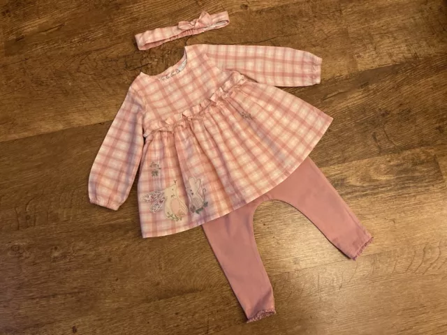 Baby Girl Next 3 Piece Set - Pink Check Bunny Top Hairband Leggings  -  Age 6-9m