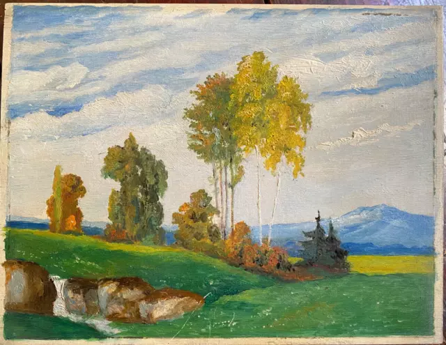 Peinture À L'Huile 1912 Vallonné Paysage Avec Prés Bouleaux Montagnes En Dresde