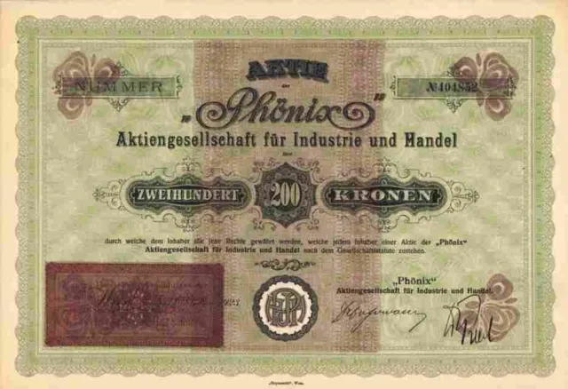 Phönix AG für Industrie und Handel 1923 Wien Steyrermühl Druck 200 Kronen Kupons