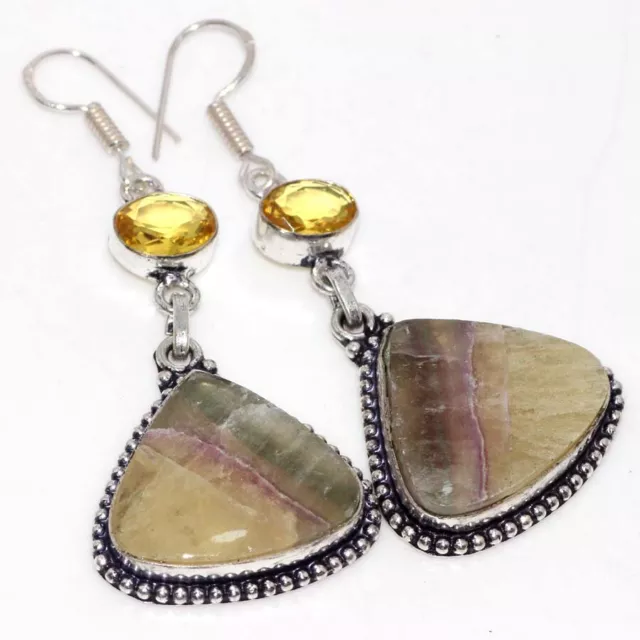 Fluorite Citrine 925 Silver Plated Earrings 2.5" Promise Gift for women GW